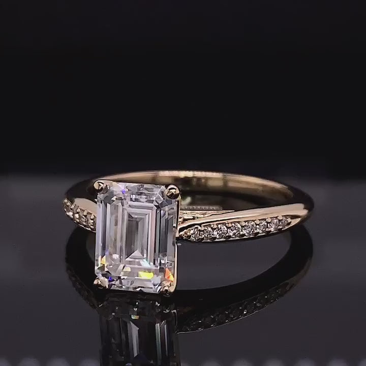 3 Carat Emerald Cut Lab Diamond Engagement Ring with Pavé Band