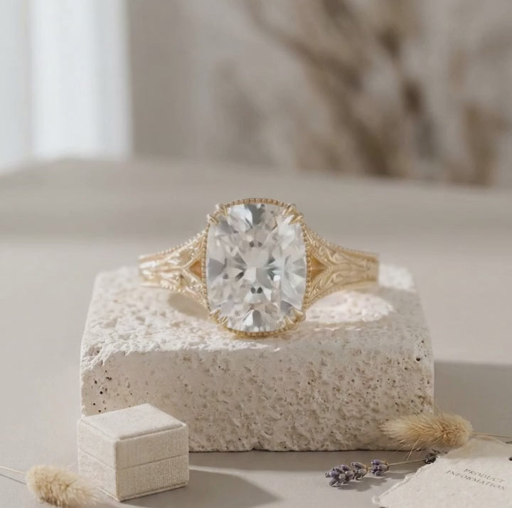 Ornate Cushion Cut Engagement Ring with Filigree Details