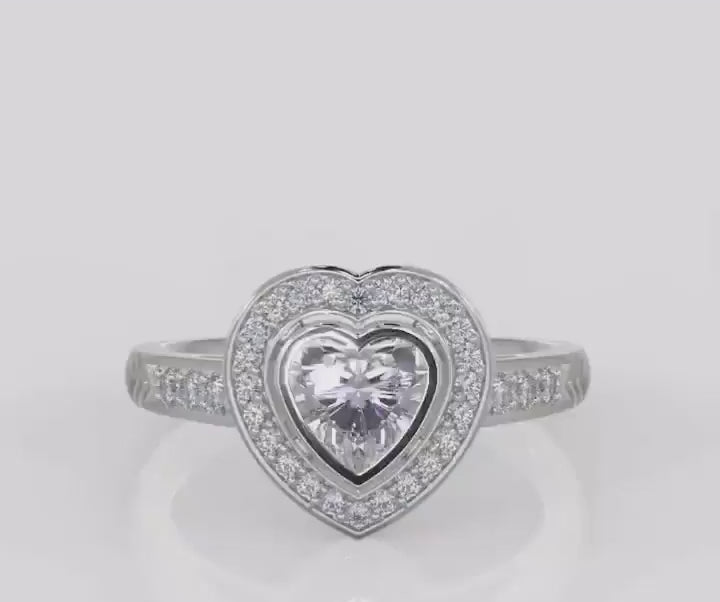 2 CT Heart Cut Lab Grown Diamond Ring with Pavé Halo & Engraved Band