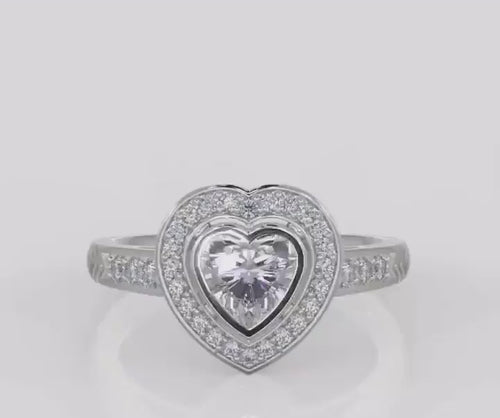 2 CT Heart Cut Lab Grown Diamond Ring with Pavé Halo & Engraved Band