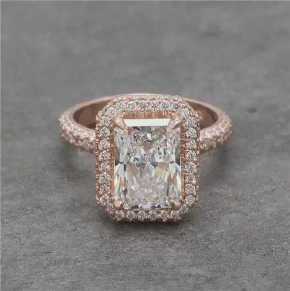 4 CT Radiant Cut Lab Grown Diamond Halo Engagement Ring in Rose Gold