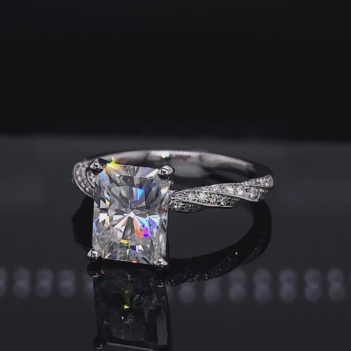 3 Carat Elongated Radiant Lab Diamond Twisted Pavé Solitaire Ring | White Gold Braided Diamond Engagement Ring