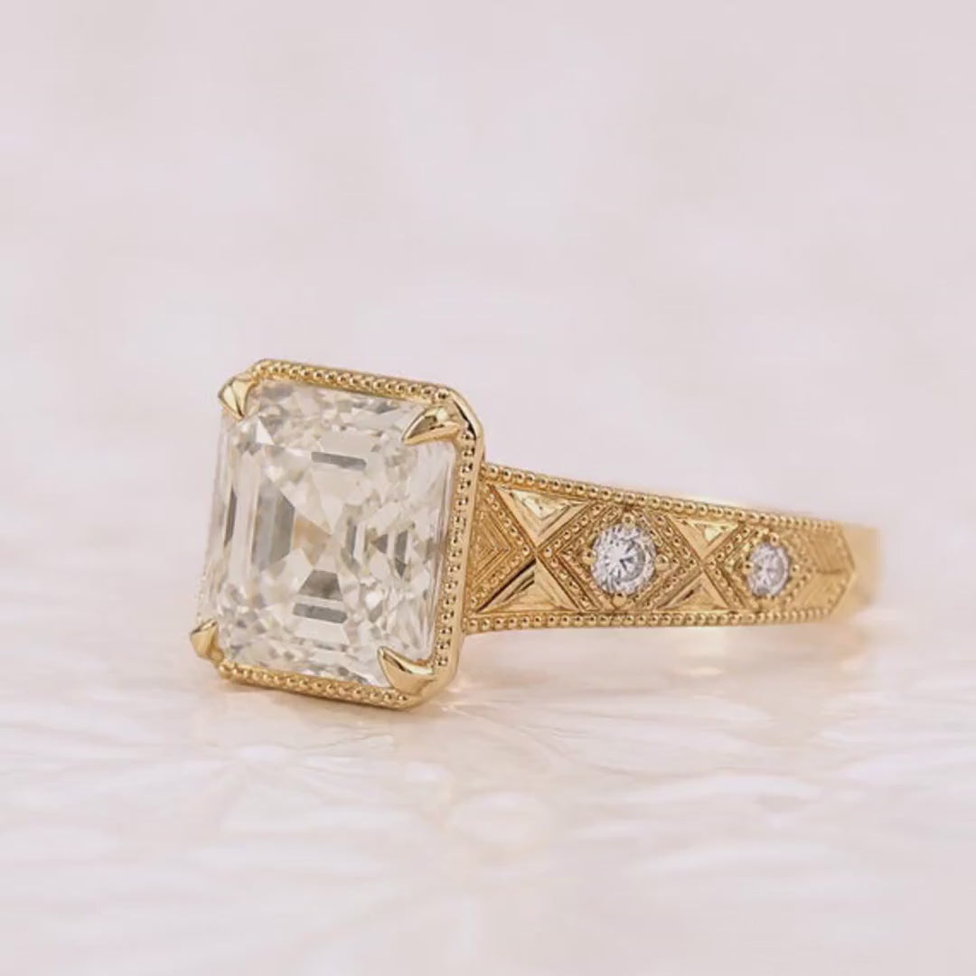 IGI Certified 3 Carat Asscher Diamond Ring with Milgrain & Engraved Band