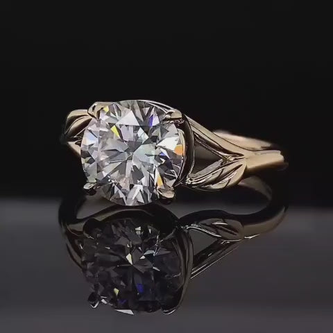 3 Carat Nature-Inspired Round Lab Diamond Ring | Leaf Motif Split Shank