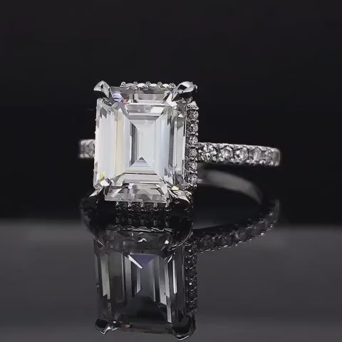 3 CT Emerald Cut Lab Grown Diamond Ring with Hidden Halo in 14K White Gold