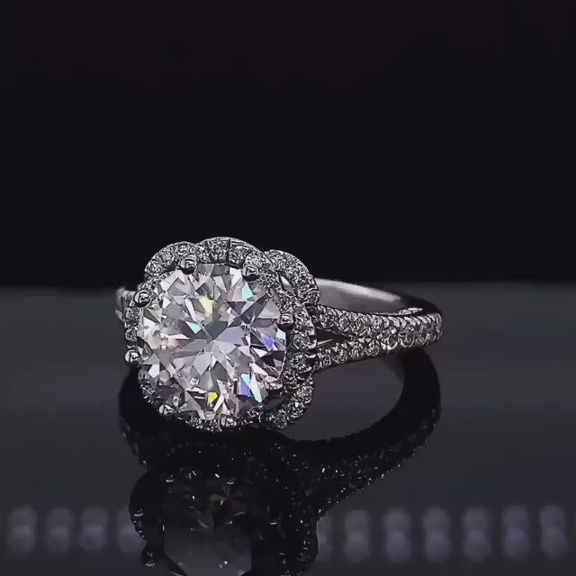 3 Carat Round Lab Diamond Ring - Scalloped Floral Double Halo with Split Pave Band