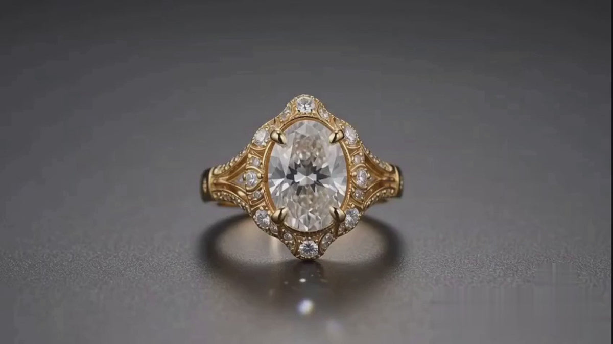 3 CT Oval Cut Lab Grown Diamond Vintage Halo Engagement Ring in Yellow Gold