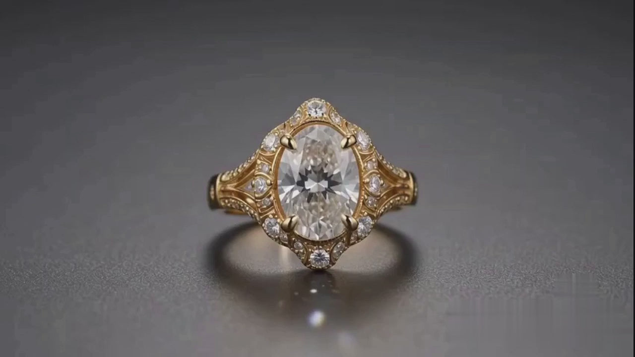 3 CT Oval Cut Lab Grown Diamond Vintage Halo Engagement Ring in Yellow Gold