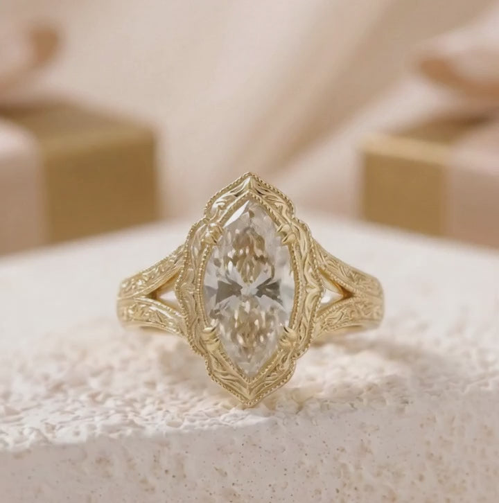 Filigree Antique Style 4 CT Marquise Lab Diamond Engagement Ring