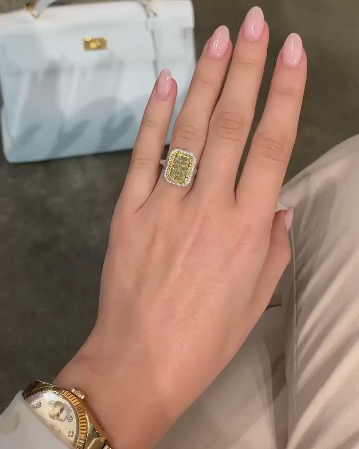 2 CT Radiant Cut Fancy Yellow Lab Grown Diamond Two-Tone Double Halo Engagement Ring