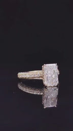 3 CT Radiant Cut Lab Grown Diamond Engagement Ring, Multi-Row Pavé Band & Hidden Halo in Yellow Gold
