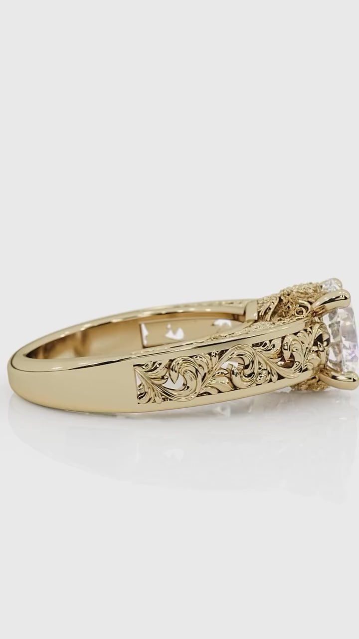 3 Carat Round Brilliant Lab Grown Diamond Vintage Scroll Engraved Ring
