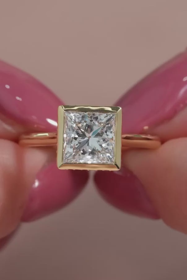 3 Carat Princess Cut Bezel Set Lab Grown Diamond Engagement Ring