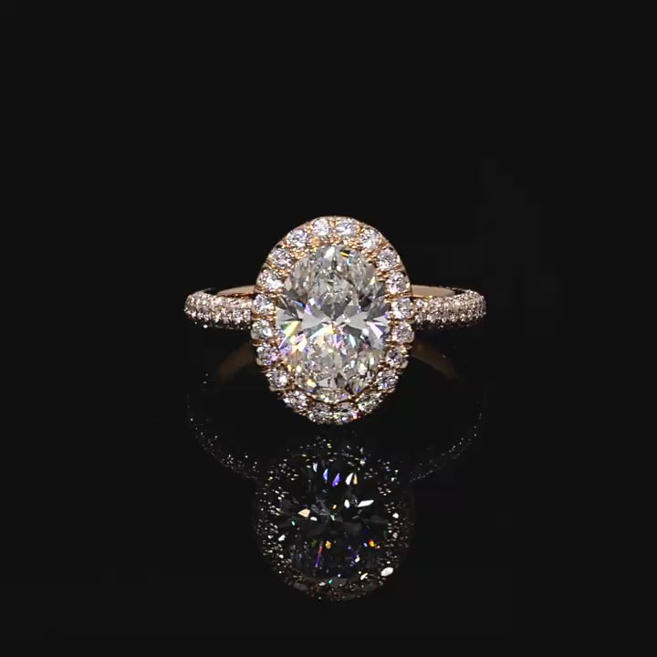 3 Carat Oval Lab Diamond Halo Ring with Pavé Band | Rose Gold