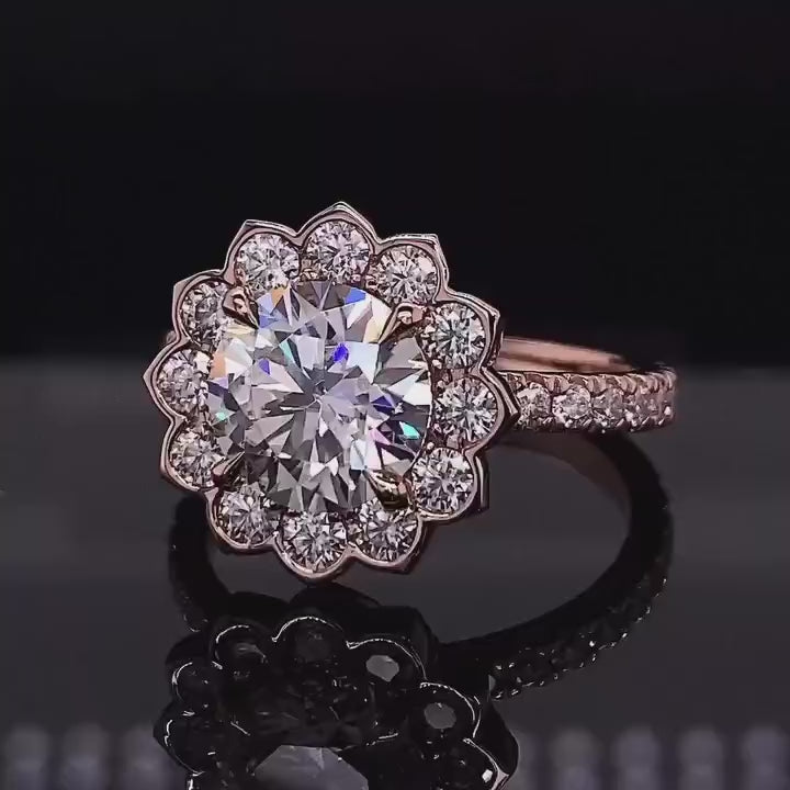 3 CT Round Cut Lab Grown Diamond Floral Halo Engagement Ring in 14K Rose Gold