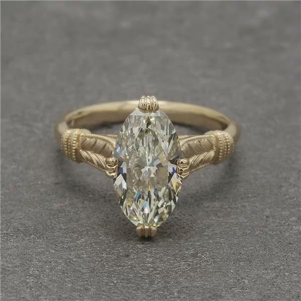 4 CT Marquise Cut Lab Diamond Ring with Leaf Engraved Band & Milgrain Detail