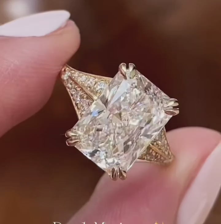 4 Carat Radiant Cut Lab Grown Diamond Vintage Engagement Ring in 14K Yellow Gold