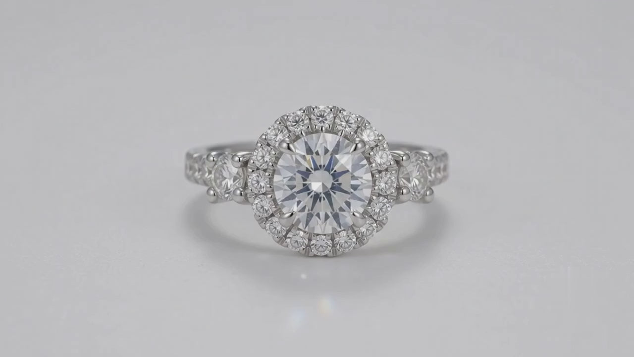 3 Carat Round Cut Lab Grown Diamond Halo Engagement Ring with Side Accents in 14K White Gold