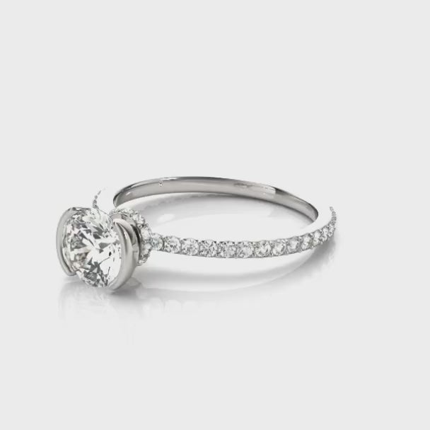 2 CT Round Cut Lab Grown Diamond Half-Bezel Ring with Pave Band