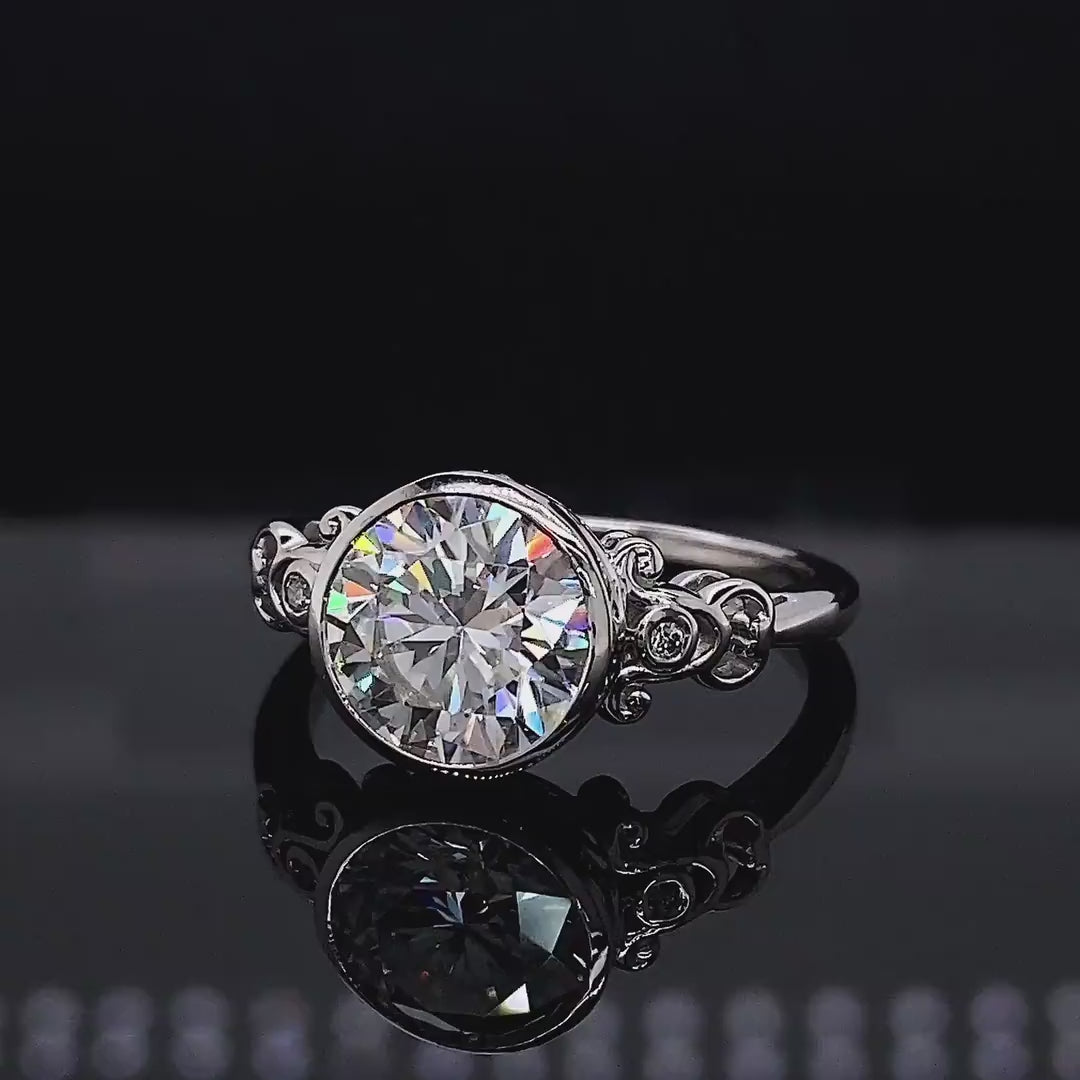 3 Carat Round Cut Lab Diamond Ring - Vintage Scrollwork Bezel Setting