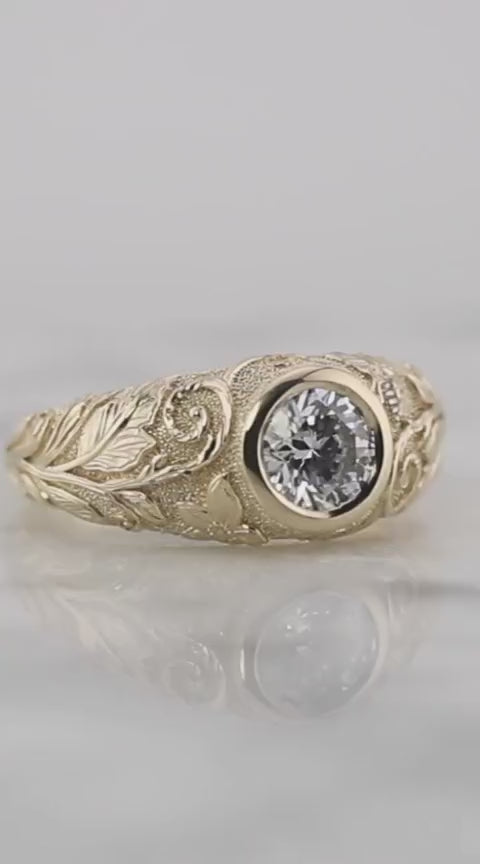 2 Carat Round Cut Lab Grown Diamond Nature-Inspired Bezel Ring in Hand-Engraved 14K Yellow Gold