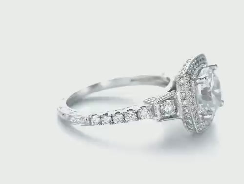 2 Carat Round Lab Diamond Ring - Vintage Cushion Halo with Engraved Band