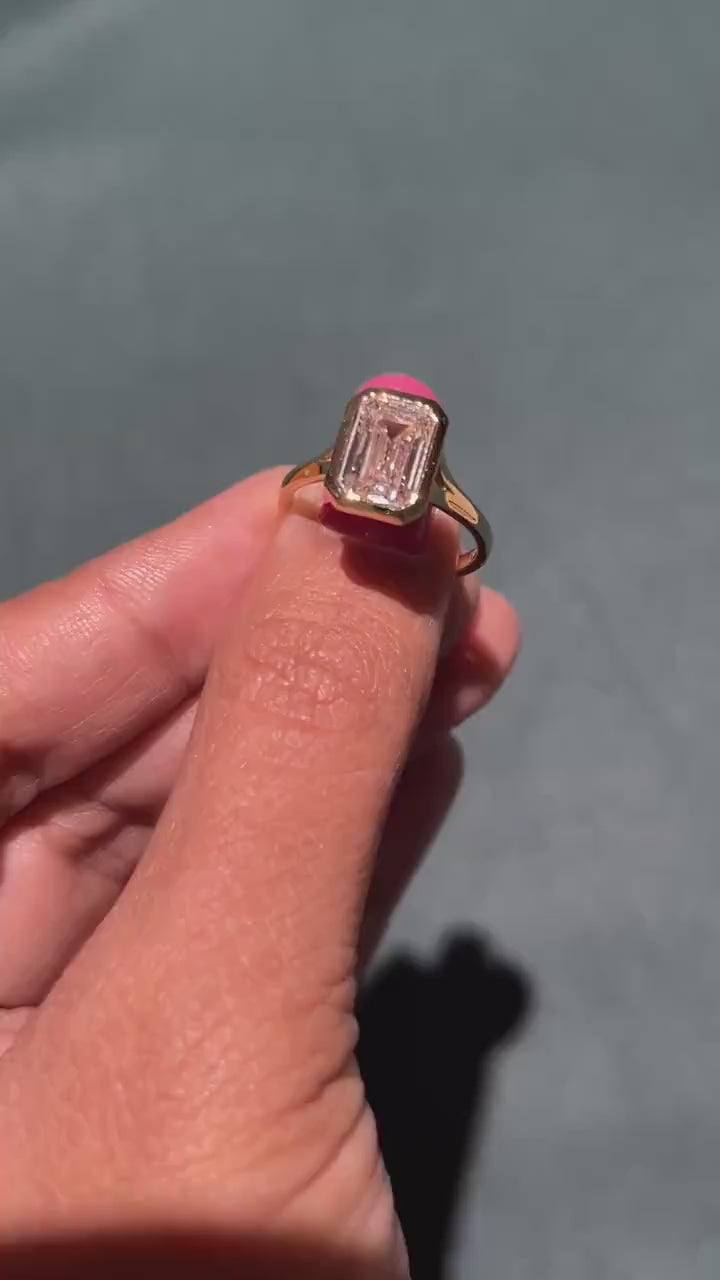 3 CT Step Cut Emerald Lab Diamond Full Bezel Setting Ring in Solid Yellow Gold
