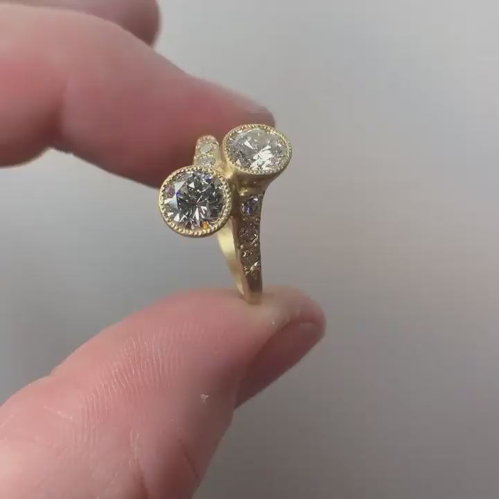 Two Stone Round Cut Lab-Grown Diamond Bypass Engagement Ring with Milgrain Bezel