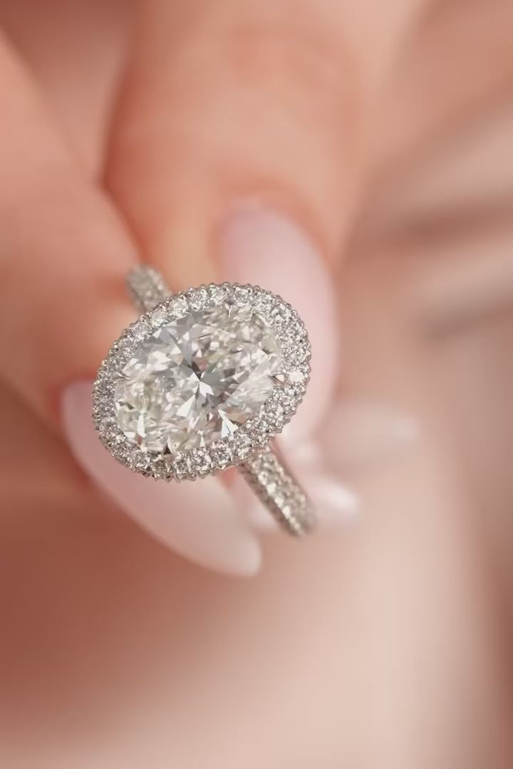 3 CT Oval Lab Grown Diamond Micro-Pavé Halo Engagement Ring