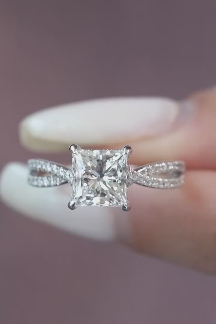 2 CT Princess Cut Lab Grown Diamond Twisted Split Shank Engagement Ring