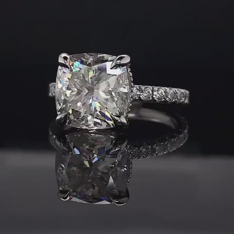 3 CT Cushion Cut Lab Grown Diamond Hidden Halo Pave Engagement Ring