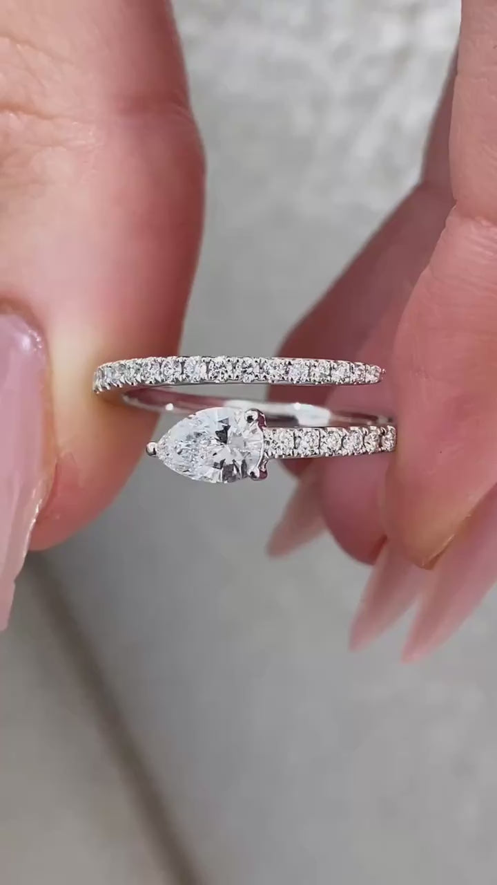 1.50 CT Pear Cut Lab Grown Diamond Bypass Ring with Pavé Band in 14K White Gold