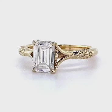 3 CT Emerald Cut Lab Grown Diamond Vintage Engraved Solitaire Ring