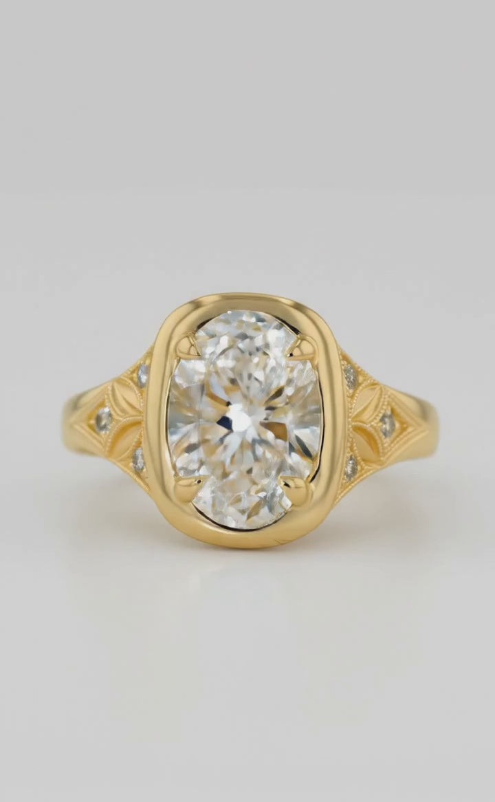 Floral Engraved 3 CT Oval Cut Lab Grown Diamond Compass Setting Ring