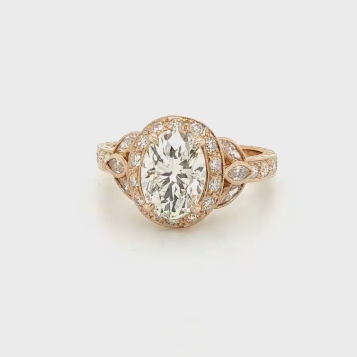 3 Carat Oval Lab Diamond Vintage Style Engagement Ring with Engraved Band