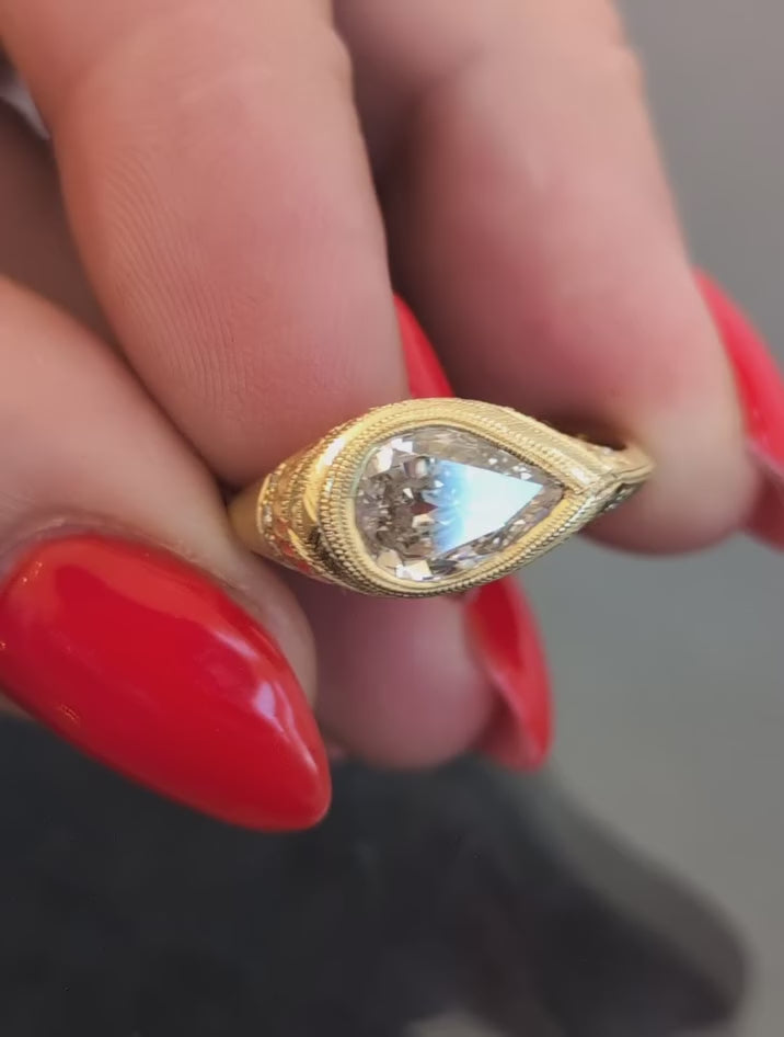 2 Carat Vintage East-West Pear Cut Lab Grown Diamond Bezel Ring with Milgrain in 14K Yellow Gold