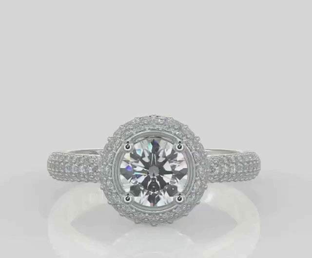 3 Carat Round Cut Lab Grown Diamond Halo Engagement Ring with Pavé Band