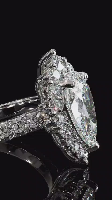 3 CT Pear Cut Lab Grown Diamond Scalloped Halo Engagement Ring